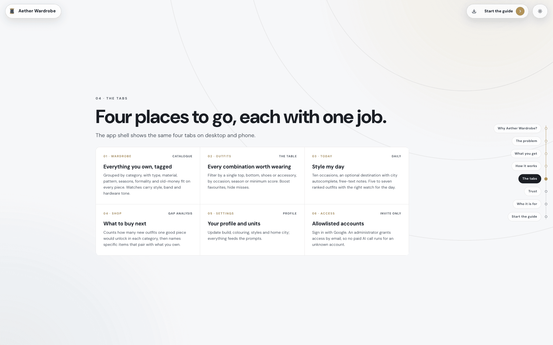 Onboarding page, The tabs: Wardrobe, Outfits, Today, Shop, Settings and Access, each with its one job