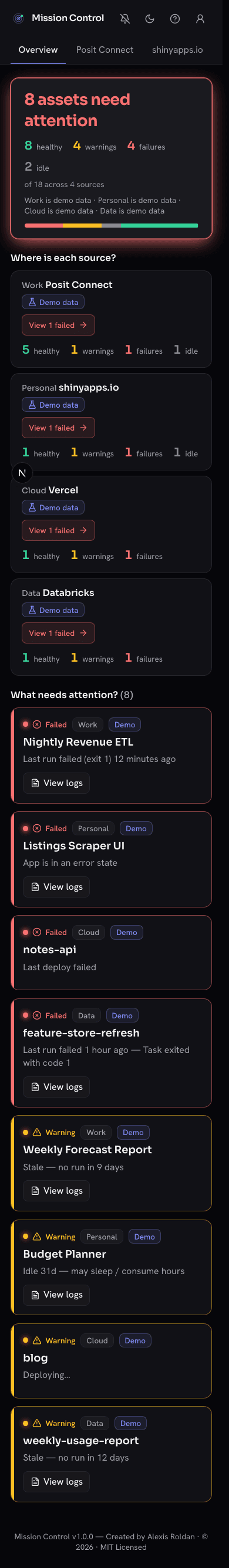 The Overview on a phone: banner, source rows and the needs-attention list stacked