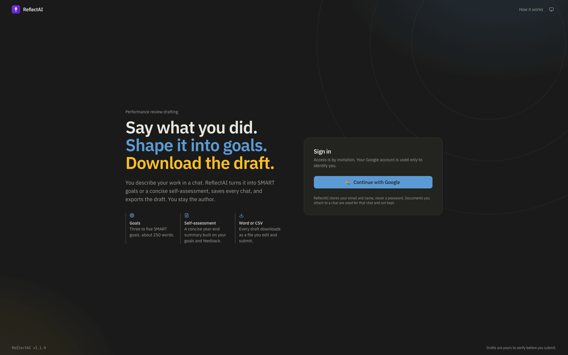 ReflectAI sign-in page in dark mode