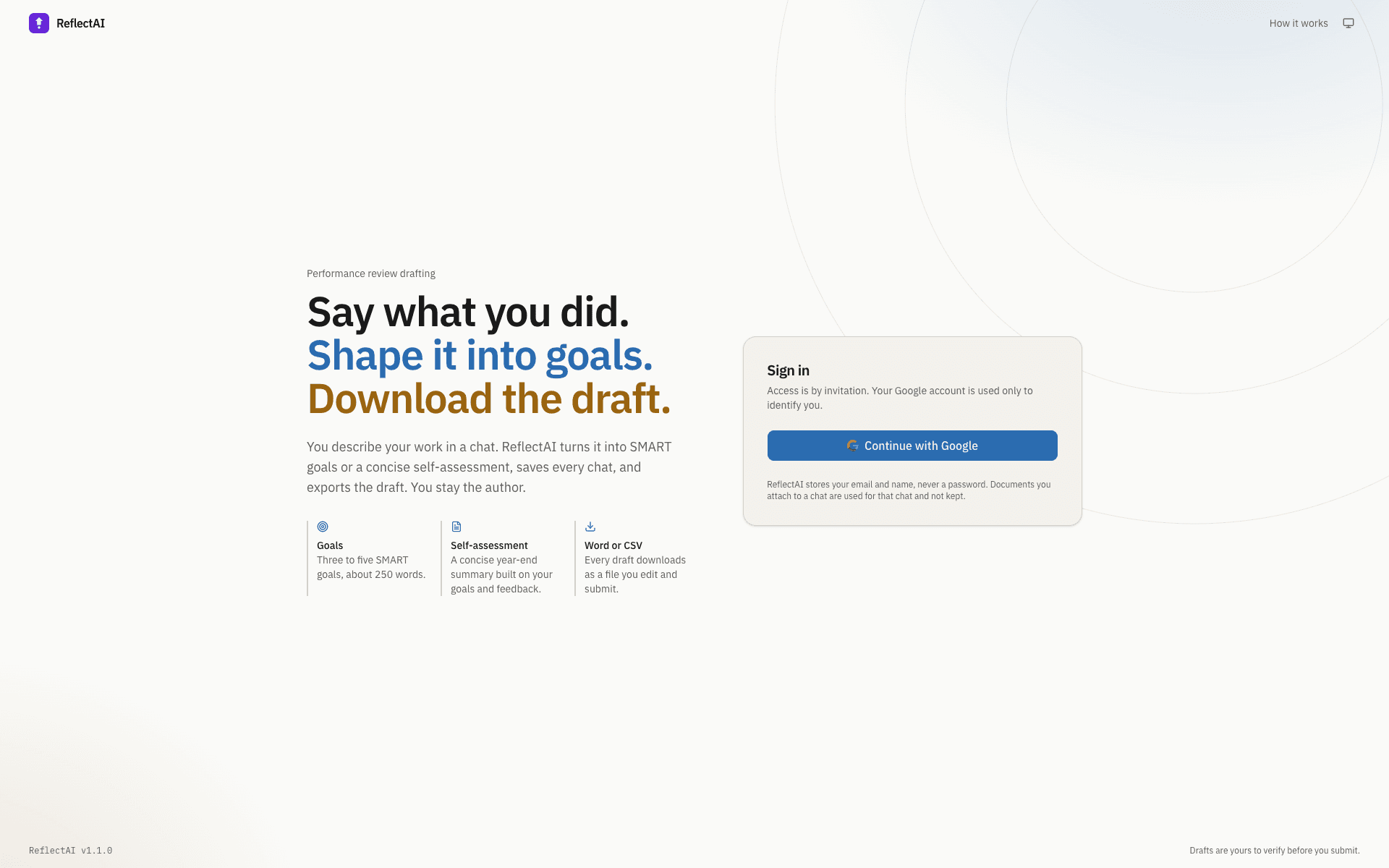 ReflectAI sign-in page: 'Say what you did. Shape it into goals. Download the draft.' with the three promises (goals, self-assessment, Word or CSV) and an invitation-only Continue with Google card