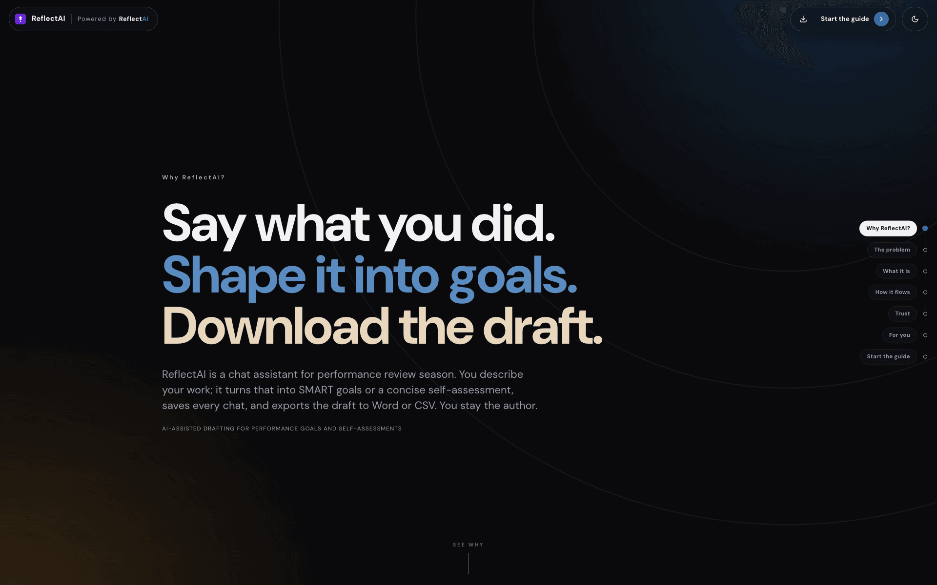 Onboarding site, opening screen: say what you did, shape it into goals, download the draft
