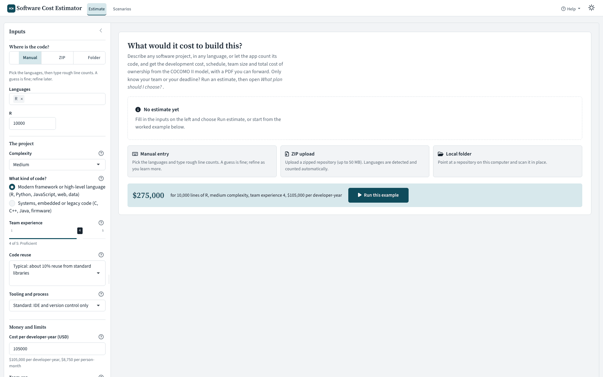 First-run screen: the question 'What would it cost to build this?', the three ways to bring in code, and a worked example you can run in one click