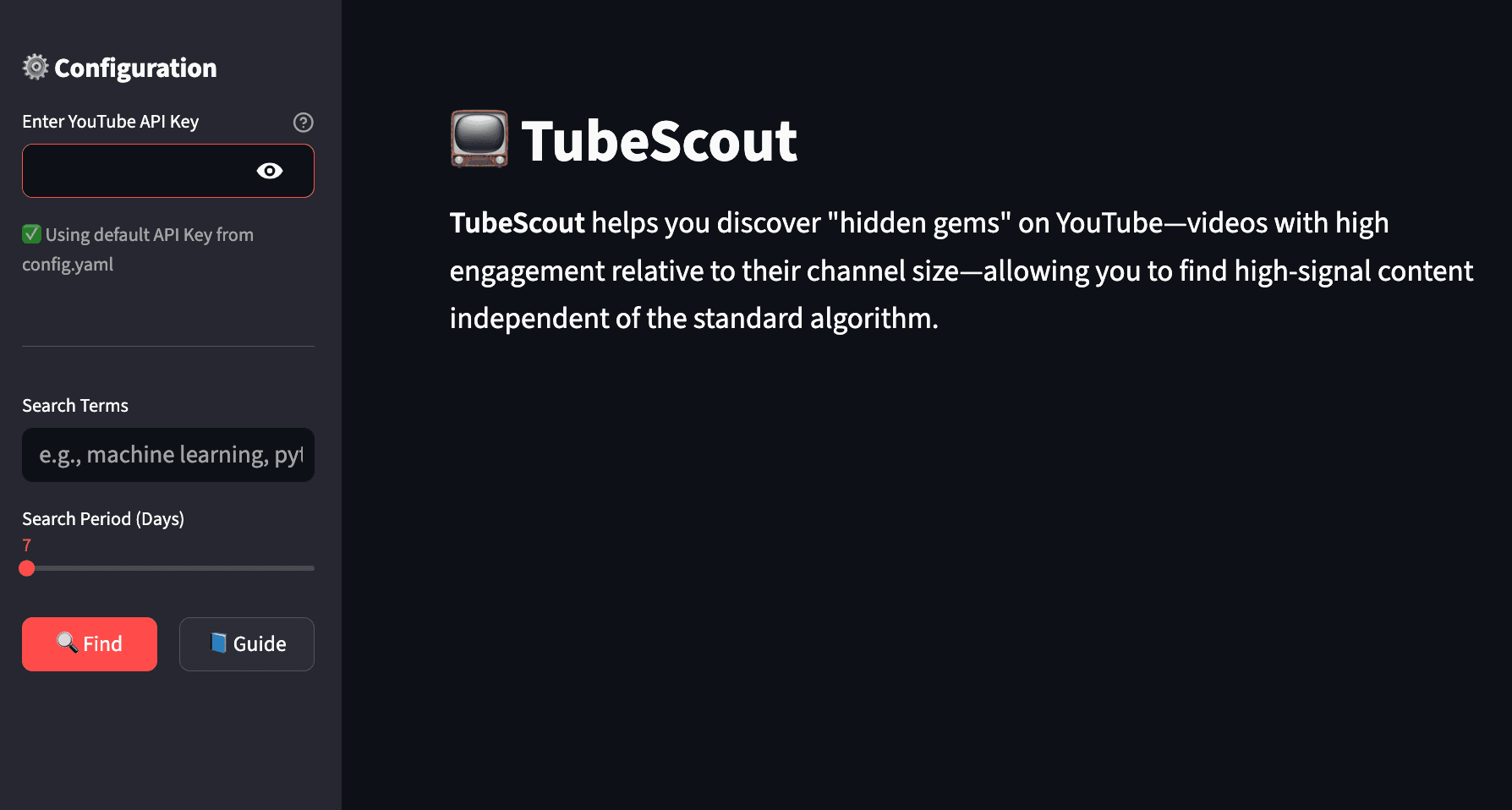 TubeScout video discovery dashboard
